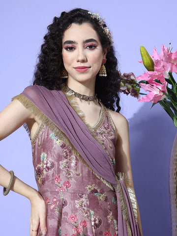 Purple Floral Printed Sequin Embellished V-Neck Anarkali Kurta With Flared Hem
